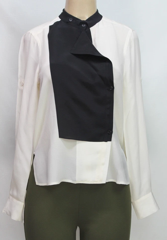 Blusa para mujer BCBG Maxazria manga larga blanca negra 100 % seda talla XS Foto 4 de 4