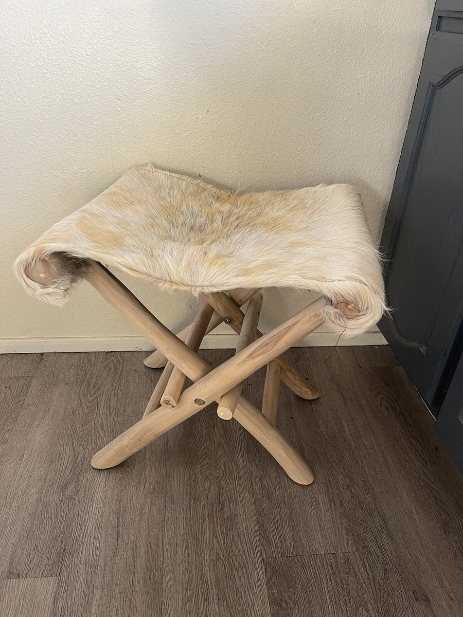 Real Bleached cowhide beige wooden folding Southwestern stool