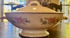 VTG Homer Laughlin Georgian Pink Blue Floral Ceramic Serving Bowl W/ Lid 12"