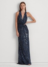 Lauren Ralph Lauren Women's Beaded Sequined Twist-Front Halter Gown Navy Size 12