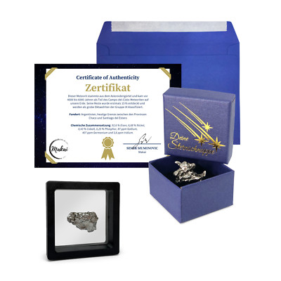 Campo del Cielo Meteorit mit Schweberahmen Geschenkbox und Zertifikat im Cuvert
