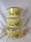 Vintage Pyrex Shenandoah Yellow Green Casserole Set w Glass Lids – 3 Pc