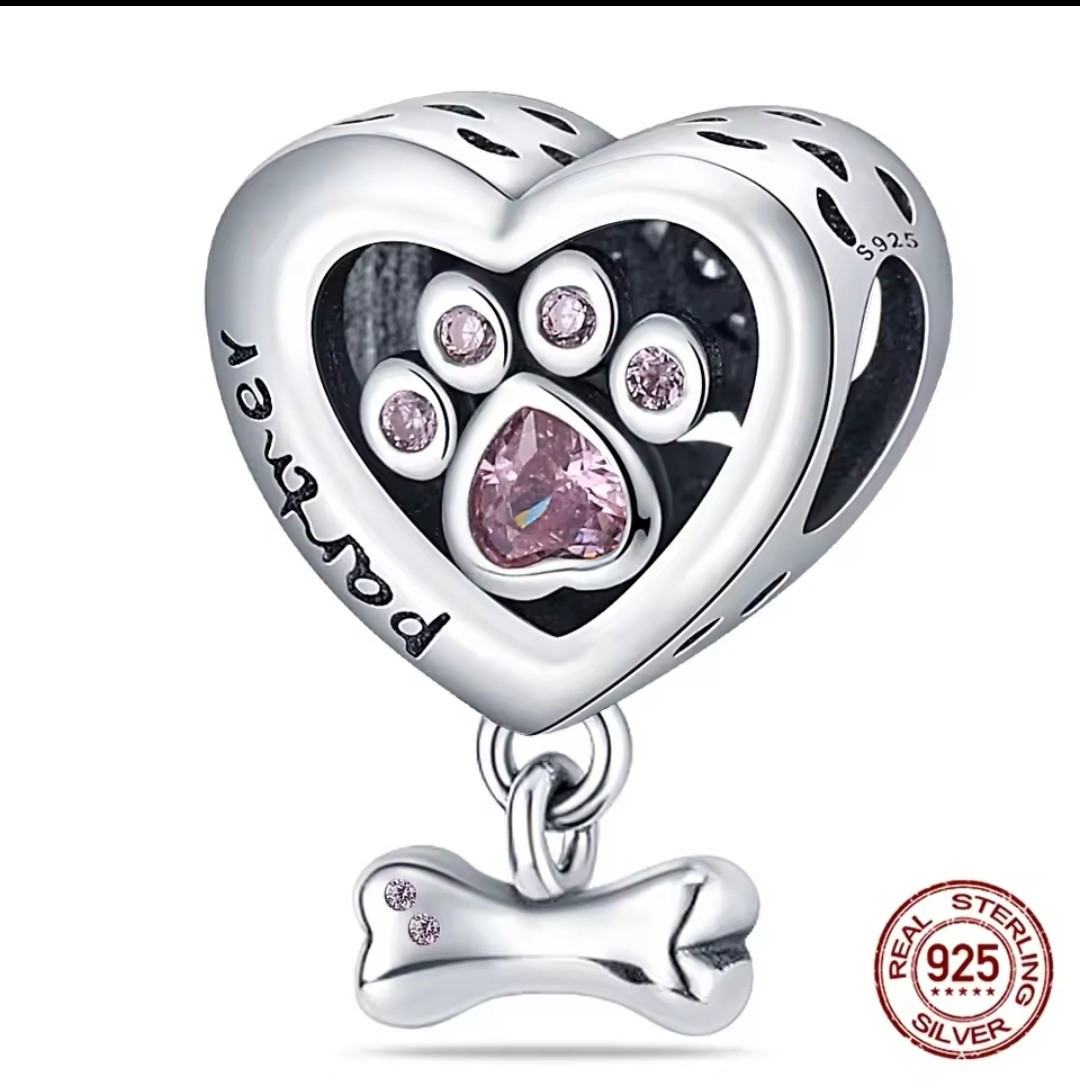 Charm Plata 925 Huella de Perro Corazón con Hueso Colgante /925 Silver Paw Print