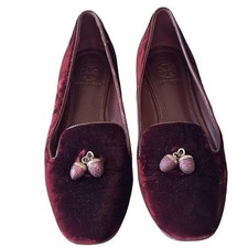 Tory Burch Acorn Charm Velvet Smoking Slippers Burgundy Claret Loafers 7