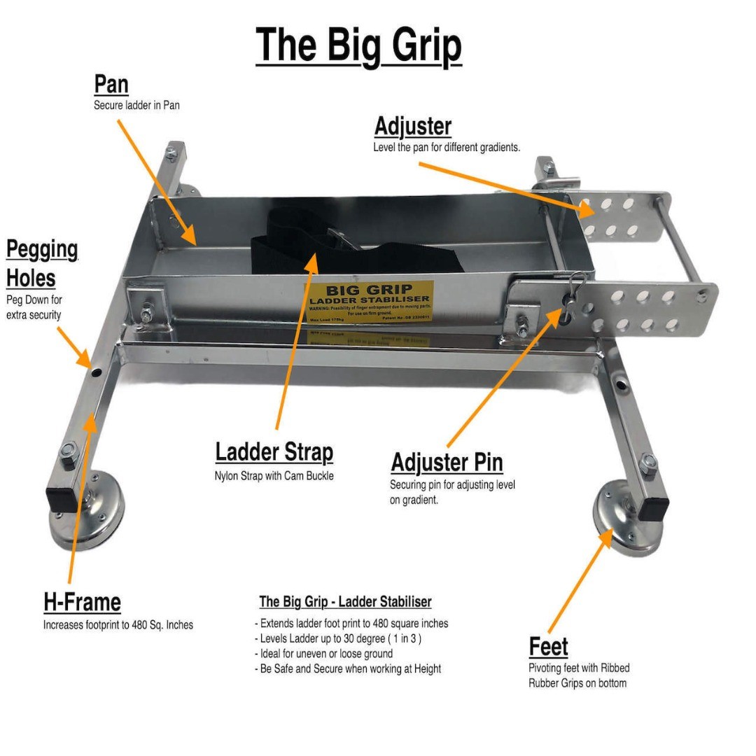 Big Grip Ladder Stabiliser for uneven ground AND  New Ladder Hook Tool (2 Items)