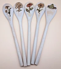 Set of 5 Wooden Spoons Burnt & Hand Painted Botanical Floral Art Kitchen Decor