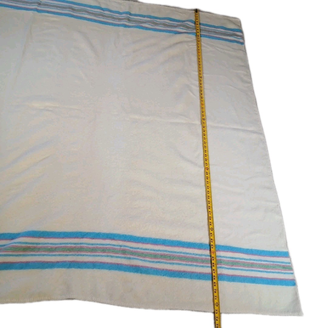 Vintage Pure Wool Hudson's Bay Blanket Rare Blue Green Pink Stripes 73"x63"