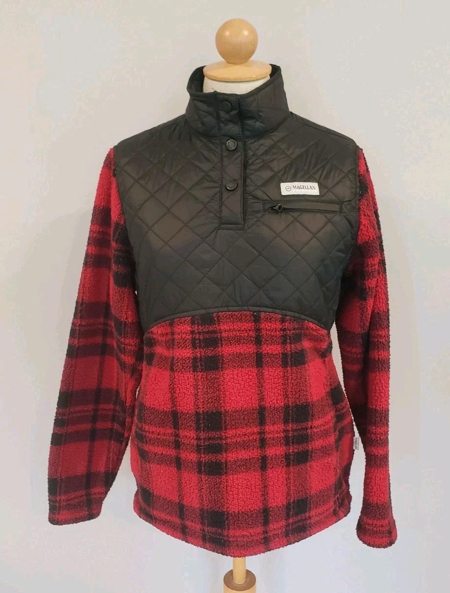 Magellan Outdoors Classic Fit Campfire Fleece Pullover Red Black Plaid Mens S