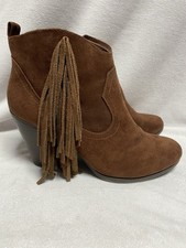 Madden Girl Brown Suede Fringe Ankle Boots Block 3.5” Heel Western Style Size 9