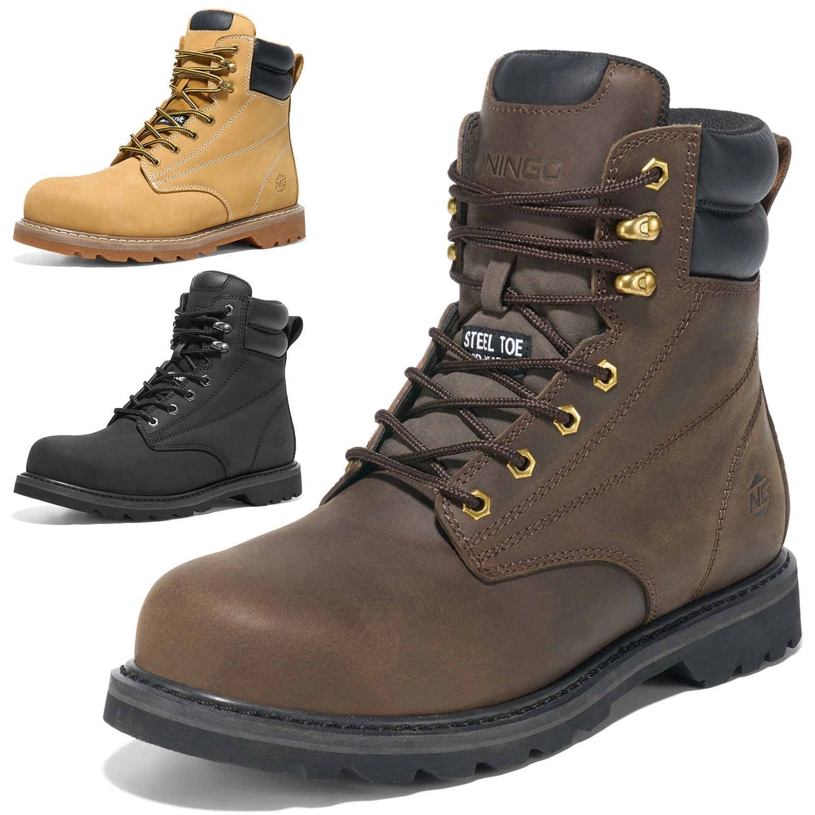 NINGO Men 6" Steel /Soft Toe Work Boots Waterproof Leather Construction Boots