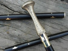 Long knob Nickle finish head brass handle antique black wooden walking stick 37"