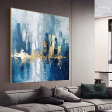 Wall Art Cityscape Oil Painting Hand Painted Decorative Modern Abstract blue
