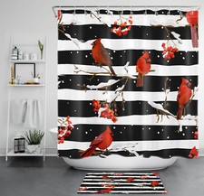 Cardinal Berry on Black White Stripes Shower Curtain Bathroom Accessories Set