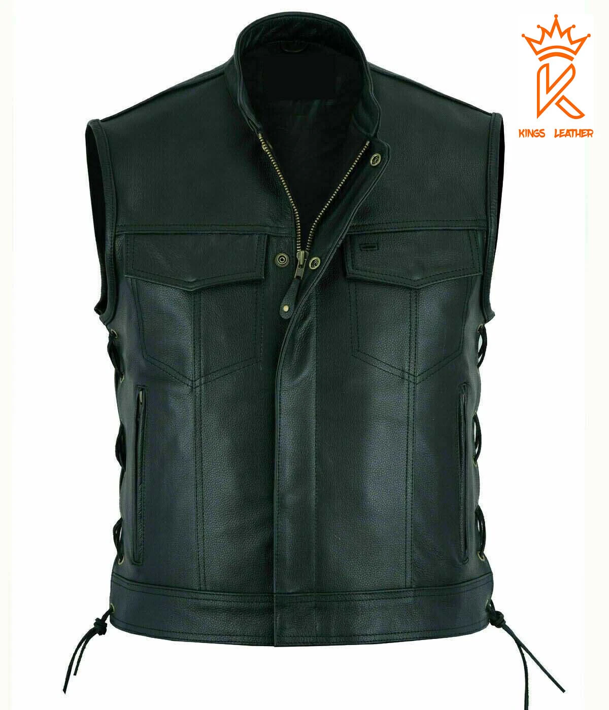 Men Black Premium Leather Motorcycle Club Vest Side Laces Gun Pockets Bike Vest