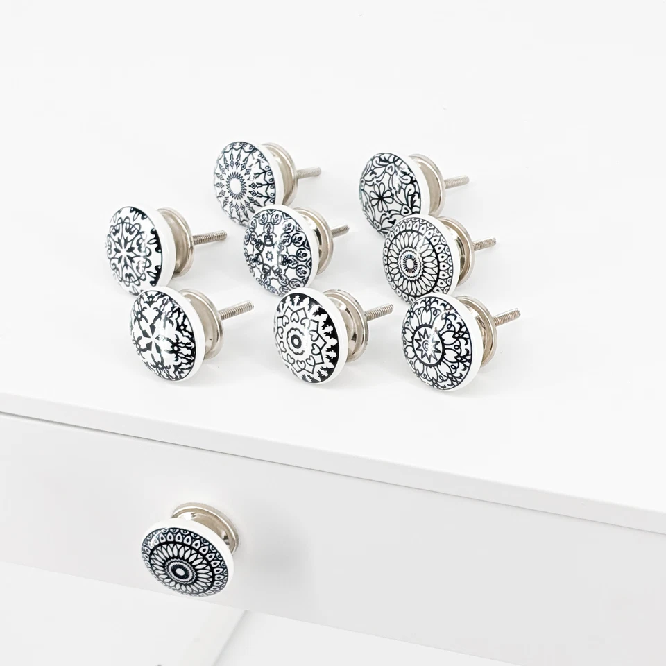 8 X Möbelknöpfe Set Griffe Schwarz Weiß Keramik Knöpfe Knäufe Knober Ornament - Bild 3 von 4