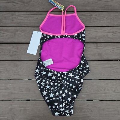 TYR The Finals Girls Starbright Foil Swimsuit Wing back Black