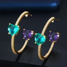 Romantic Blue Purple CZ Love Heart Half Circle Hoop Earrings for Brides Wedding