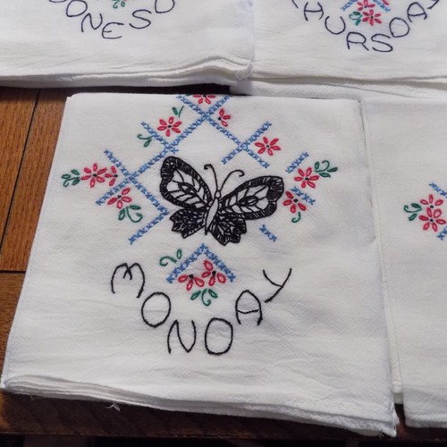 Vintage Embroidered 7 Days of the Week Kitchen Towels Hand Stitched Butterflies - Picture 2 of 9