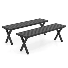 2PCS 54" Patio Metal Bench w/ Slatted Seat & X Legs Backless Loveseat for Yard