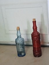 Set of 2 Decorative Glass Bottles with Cork Stoppers, Blue Red