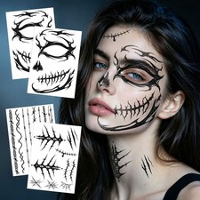 4 Sheets Halloween Face Tattoos, Waterproof Skeleton Face Temporary Tattoos, ...