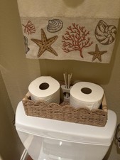 Scalloped Paper Rope Toilet Paper Storage Basket Neutral w/ 2 Wooden Handles New