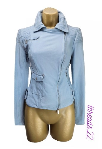 Chaqueta de Motociclista Karen Millen UK14 US10 Cuero Suave Ajustada Logo Cremallera Azul ExCon - Imagen 2 de 12