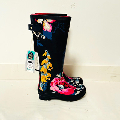 Joules Boots Womens 5 Navy Blue Floral Rain Boots Tall Knee High Welly Wellies