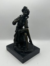 Heavy Bronze seated lady sat on grenade holding makeup on marble base figurine