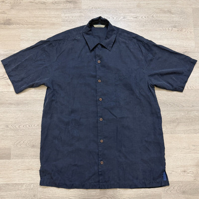 Tommy Bahama Silk Shirt Mens Small Blue Shadow Print Camp Hawaiian Button Up