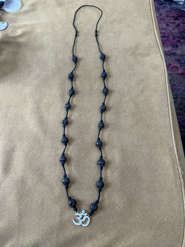 Sterling Silver Om Pendant CZ Sparkle with Lava Rock Beads Necklace