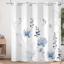 No Hook Shower Curtain with Snap in Liner Set Blue Floral Bath Curtain Double