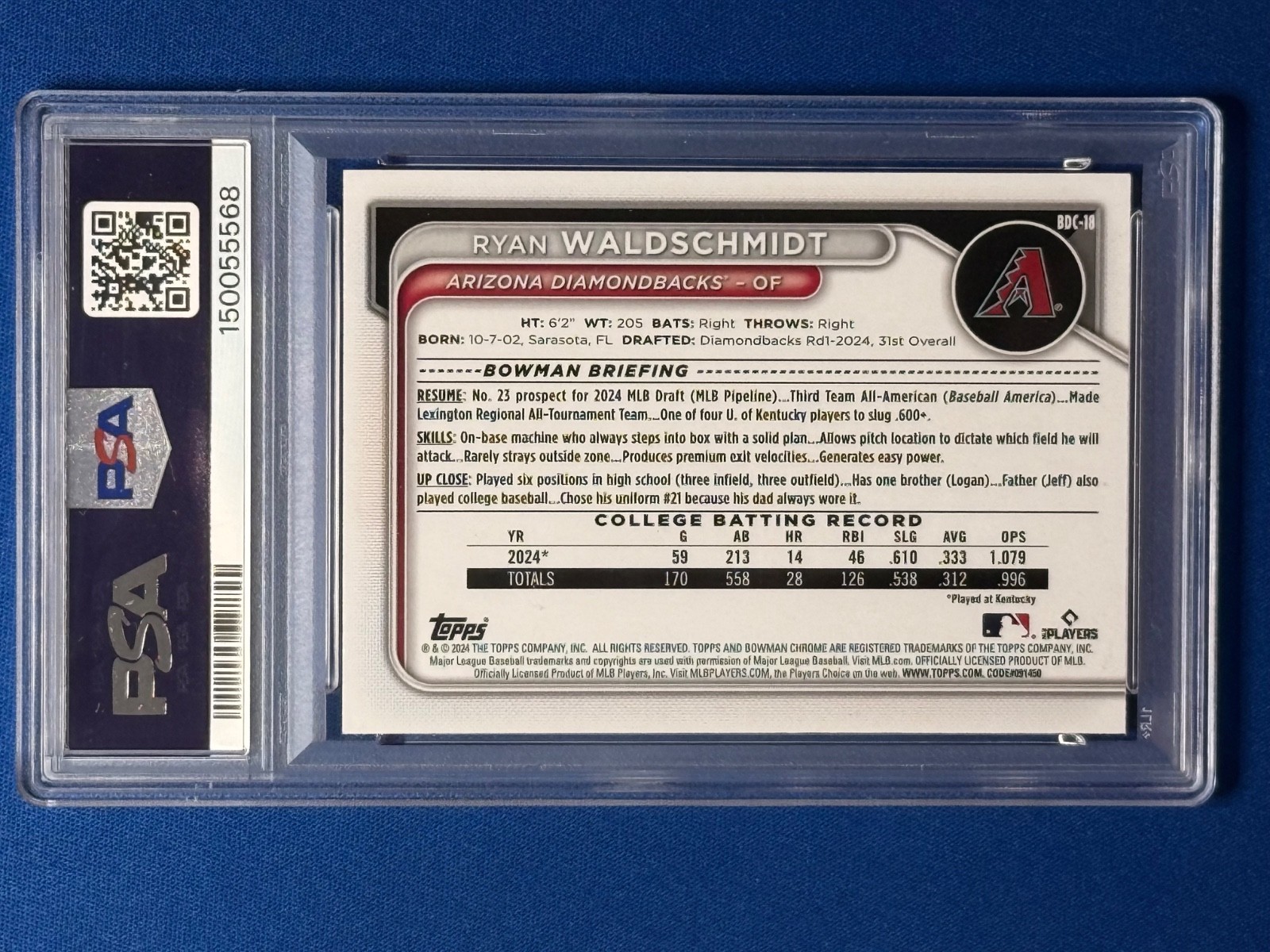 2024 Bowman Draft Ryan Waldschmidt #BDC18 Purple 135/250 PSA 9 view 2