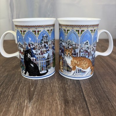 Set of 2 Vintage Dunoon Cat Mugs Christmas Cats by Sue Scullard Made In England