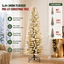 6FT Pre Lit Pencil Christmas Tree Snow Flocked Slim Xmas Tree Warm Lights Stand