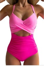 Women's One Piece Swimsuit Tummy Control Cutout High Waisted Bathing Suit pink