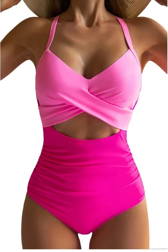 Women's One Piece Swimsuit Tummy Control Cutout High Waisted Bathing Suit pink