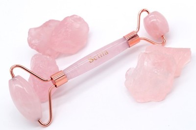 Rosenquarz Gesichtsroller, 100% natürlich, Samtbeutel, echte Gesichtsschönheit Massagegerät