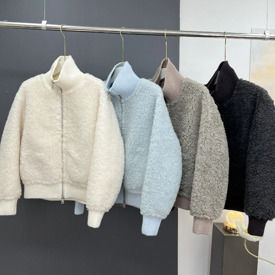 Nuevo Abrigo de piel de cordero para mujer Abrigo de béisbol de lana de piel de oveja corto con cuello alto Foto 4 de 4