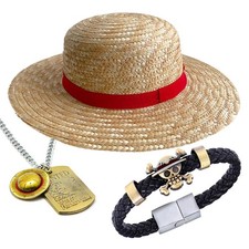 Rufffy Straw OP Hat Summer Beach Sun Hat Pirate Necklace PU Leather Bangle Sk...