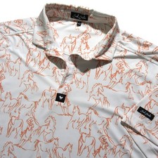 Bad Birdie Mens Polo Shirt L White Orange Allover Horse Graphic Stretch