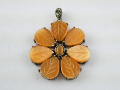 Sterling Silver Carved Dyed Orange MOP Shell Flower Pendant with Cat Eye Center
