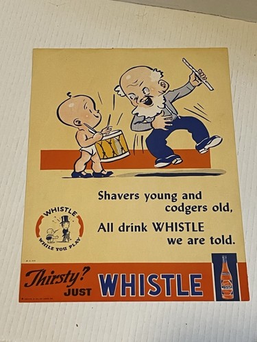 Vintage 1941 Whistle Soda Sign Framed Cardstock Ad Thirsty Just Whistle RARE - Picture 5 of 18