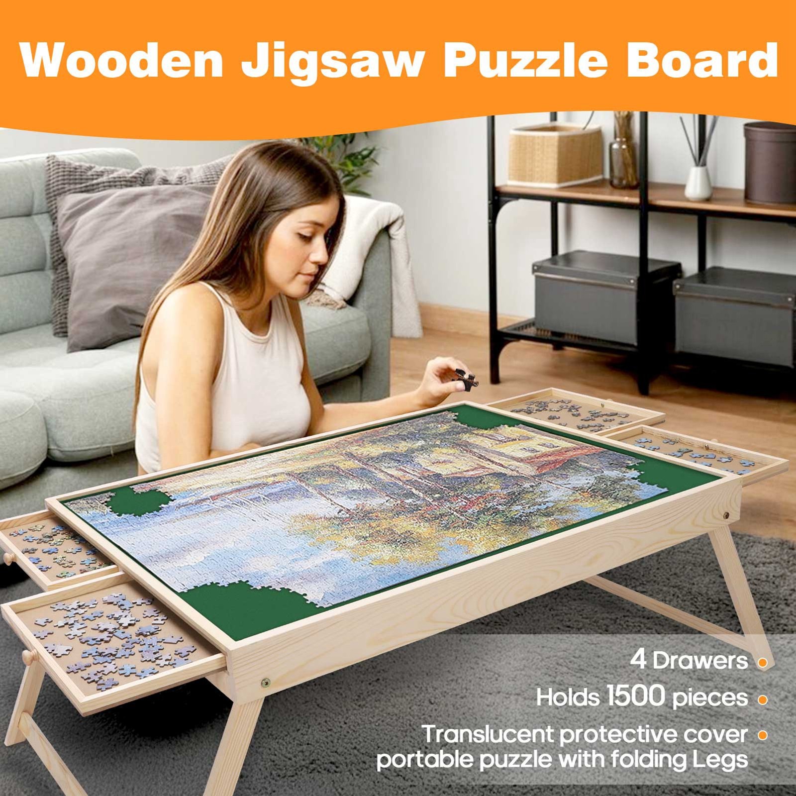 Jigsaw Puzzle Table 4 Drawers Folding Legs Round Corner Portable Puzzle Tab BTM
