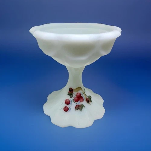 Vintage FENTON FROSTED Custard WHITE GLASS CANDLESTICK Handpainted Fredrick EUC