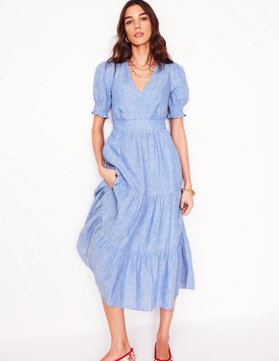 chinese dress ladies Elena Tiered Cotton Midi Dress-Blue, Ornamental Floral