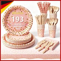 Partygeschirr Set 193 StüCk Rosagold Pappteller Becher Servietten Tischdecke