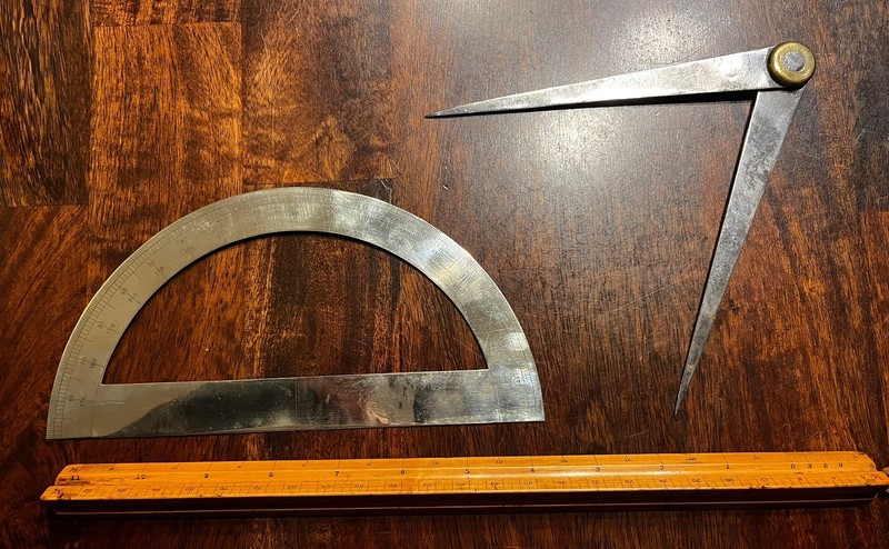 Lot of 3 Vintage Drafting Tools -Brass Protractor, Divider, Wooden 3-sided Ruler