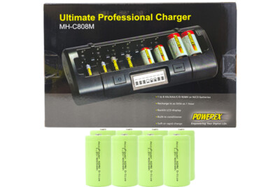 8 Bay LCD Maha Powerex Battery Charger + 8 D 4000 mAh NiMH Accupower Batteries
