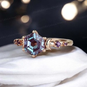 Authentic 14k Rose Gold 7 MM Hexagon Cut Alexandrite Amethyst Women Crescent Moon Ring